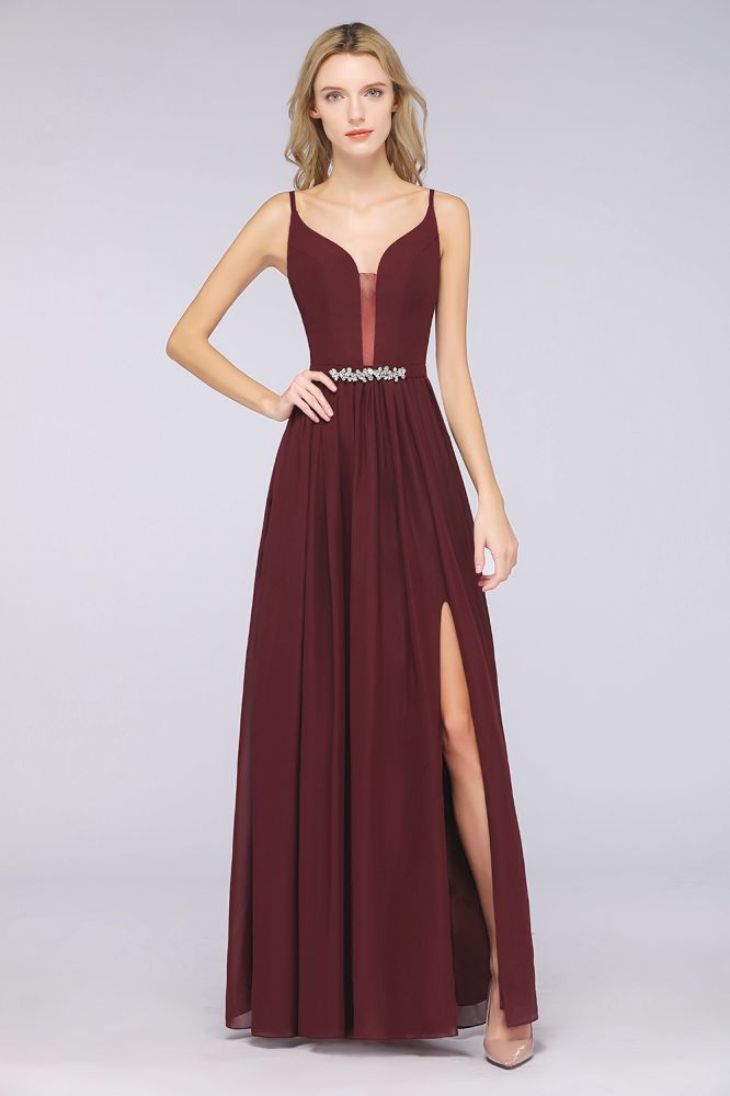 Vestido de dama de honor sexy, sin mangas, con doble escote en V profundo, volantes y abertura lateral, de gasa, ideal para fiestas de noche.