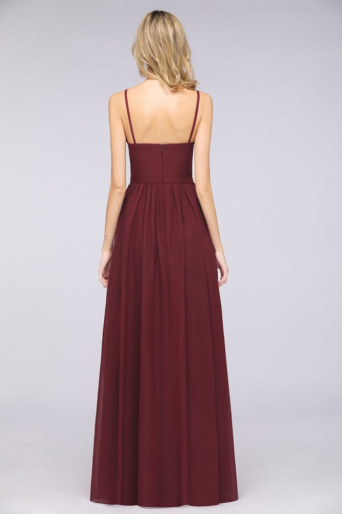 Robe de demoiselle d'honneur sexy à double décolleté en V profond, sans manches, à volants et fente latérale en mousseline. Robe de soirée