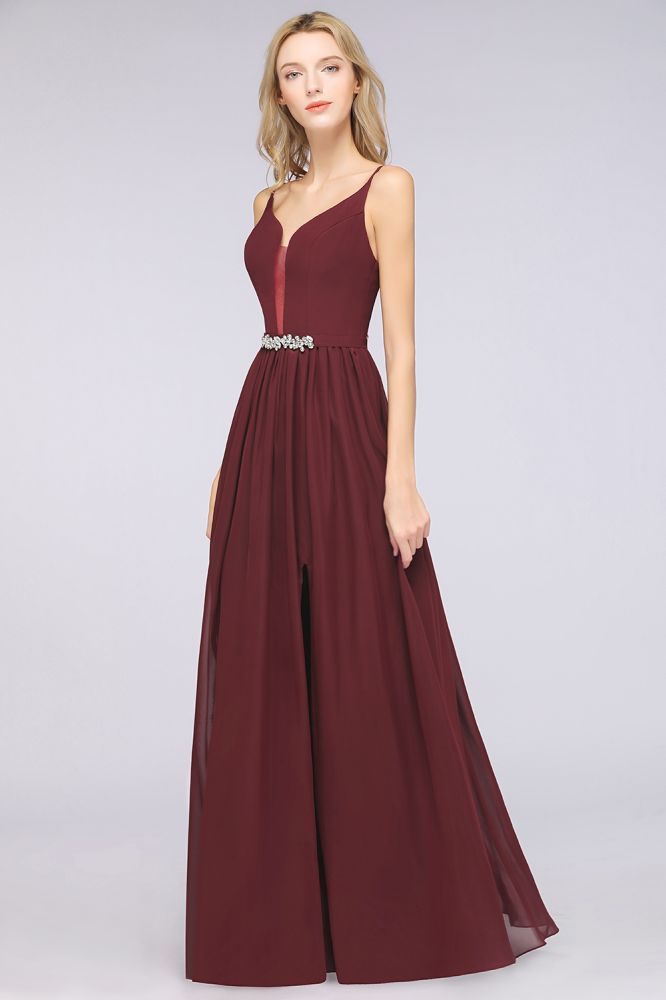 Robe de demoiselle d'honneur sexy à double décolleté en V profond, sans manches, à volants et fente latérale en mousseline. Robe de soirée