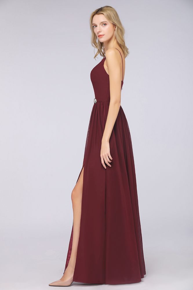 Robe de demoiselle d'honneur sexy à double décolleté en V profond, sans manches, à volants et fente latérale en mousseline. Robe de soirée
