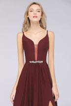 Robe de demoiselle d'honneur sexy à double décolleté en V profond, sans manches, à volants et fente latérale en mousseline. Robe de soirée