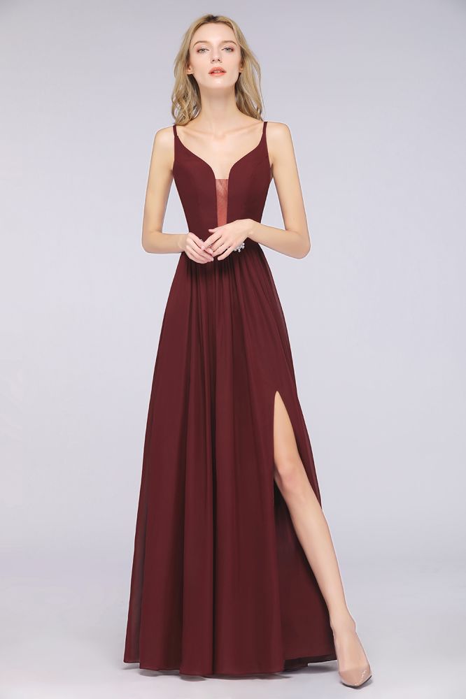 Vestido de dama de honor sexy, sin mangas, con doble escote en V profundo, volantes y abertura lateral, de gasa, ideal para fiestas de noche.