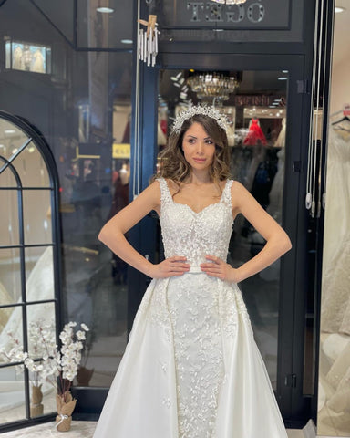 Vestido de novia de sirena sin mangas, estilo sirena, con escote corazón, tirantes y cola de corte, sexy y sensual, largo hasta el suelo.