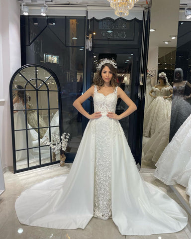 Vestido de novia de sirena sin mangas, estilo sirena, con escote corazón, tirantes y cola de corte, sexy y sensual, largo hasta el suelo.