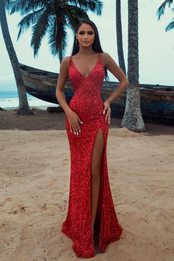 Vestido de fiesta largo de sirena con lentejuelas, escote en V y abertura, estilo sexy y brillante.