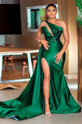 Vestidos de novia y fiesta sexys verdes de un solo hombro con cuentas y abertura
