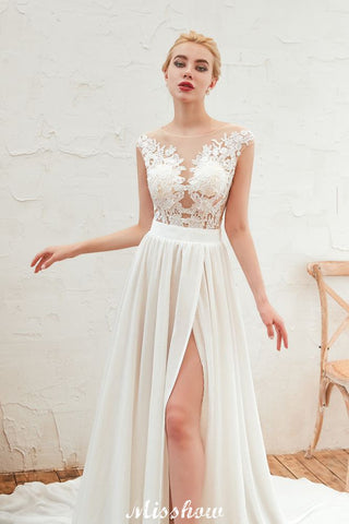 Robe de mariée sexy fendue jusqu'à la cuisse, manches courtes, dos transparent, dentelle ivoire