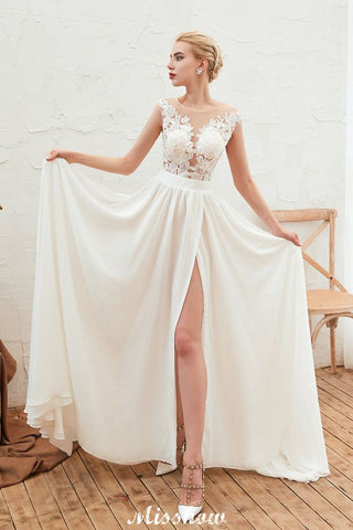 Robe de mariée sexy fendue jusqu'à la cuisse, manches courtes, dos transparent, dentelle ivoire