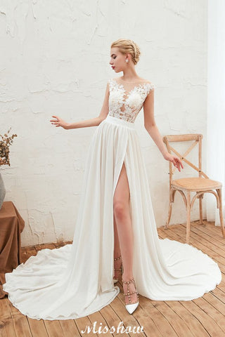 Robe de mariée sexy fendue jusqu'à la cuisse, manches courtes, dos transparent, dentelle ivoire