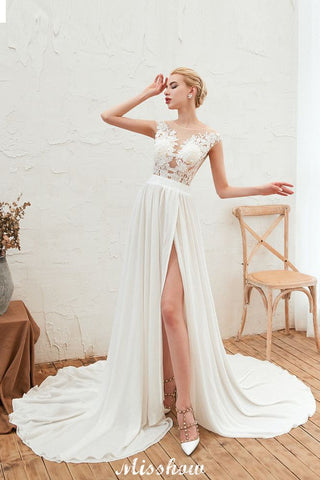 Robe de mariée sexy fendue jusqu'à la cuisse, manches courtes, dos transparent, dentelle ivoire