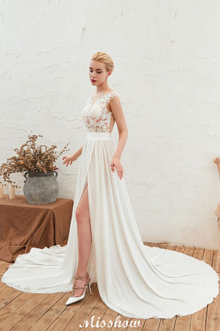 Robe de mariée sexy fendue jusqu'à la cuisse, manches courtes, dos transparent, dentelle ivoire