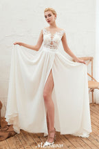 Robe de mariée sexy fendue jusqu'à la cuisse, manches courtes, dos transparent, dentelle ivoire