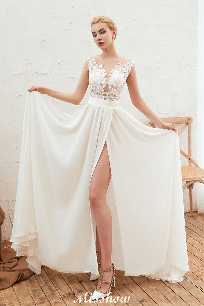 Robe de mariée sexy fendue jusqu'à la cuisse, manches courtes, dos transparent, dentelle ivoire