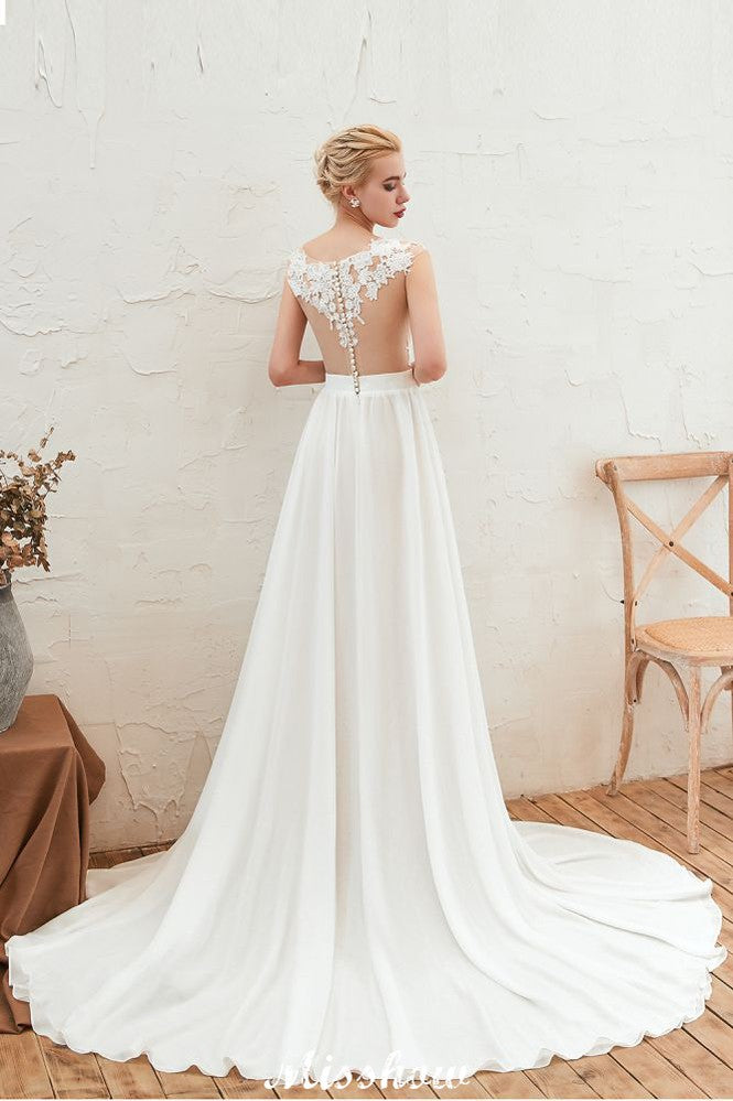 Robe de mariée sexy fendue jusqu'à la cuisse, manches courtes, dos transparent, dentelle ivoire