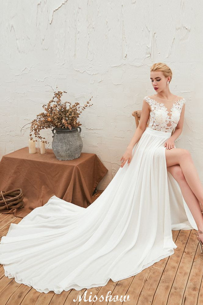 Robe de mariée sexy fendue jusqu'à la cuisse, manches courtes, dos transparent, dentelle ivoire