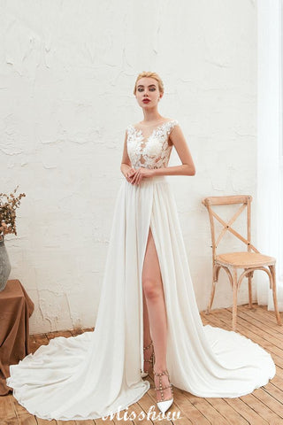 Robe de mariée sexy fendue jusqu'à la cuisse, manches courtes, dos transparent, dentelle ivoire