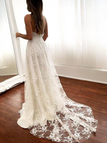 Vestidos de novia largos, sexis, de corte A, con tirantes finos, espalda descubierta de encaje y abertura.