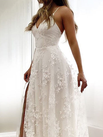 Vestidos de novia largos, sexis, de corte A, con tirantes finos, espalda descubierta de encaje y abertura.