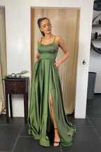 Sexy Long A-line Spaghetti Straps Satin Front Slit Backless Prom Dress with Pockets