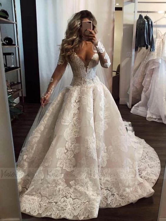 Vestido de novia largo, sexy, de corte A, con escote en V, apliques de encaje y perlas, con mangas.