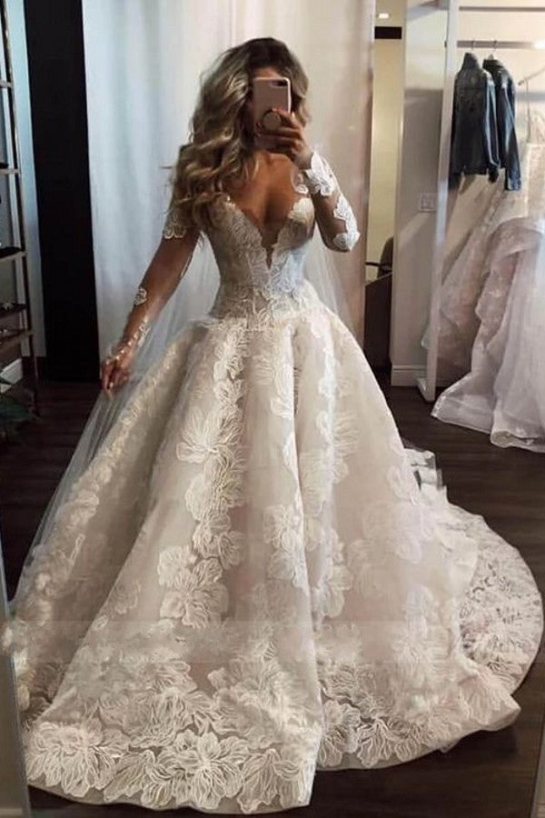 Vestido de novia largo, sexy, de corte A, con escote en V, apliques de encaje y perlas, con mangas.