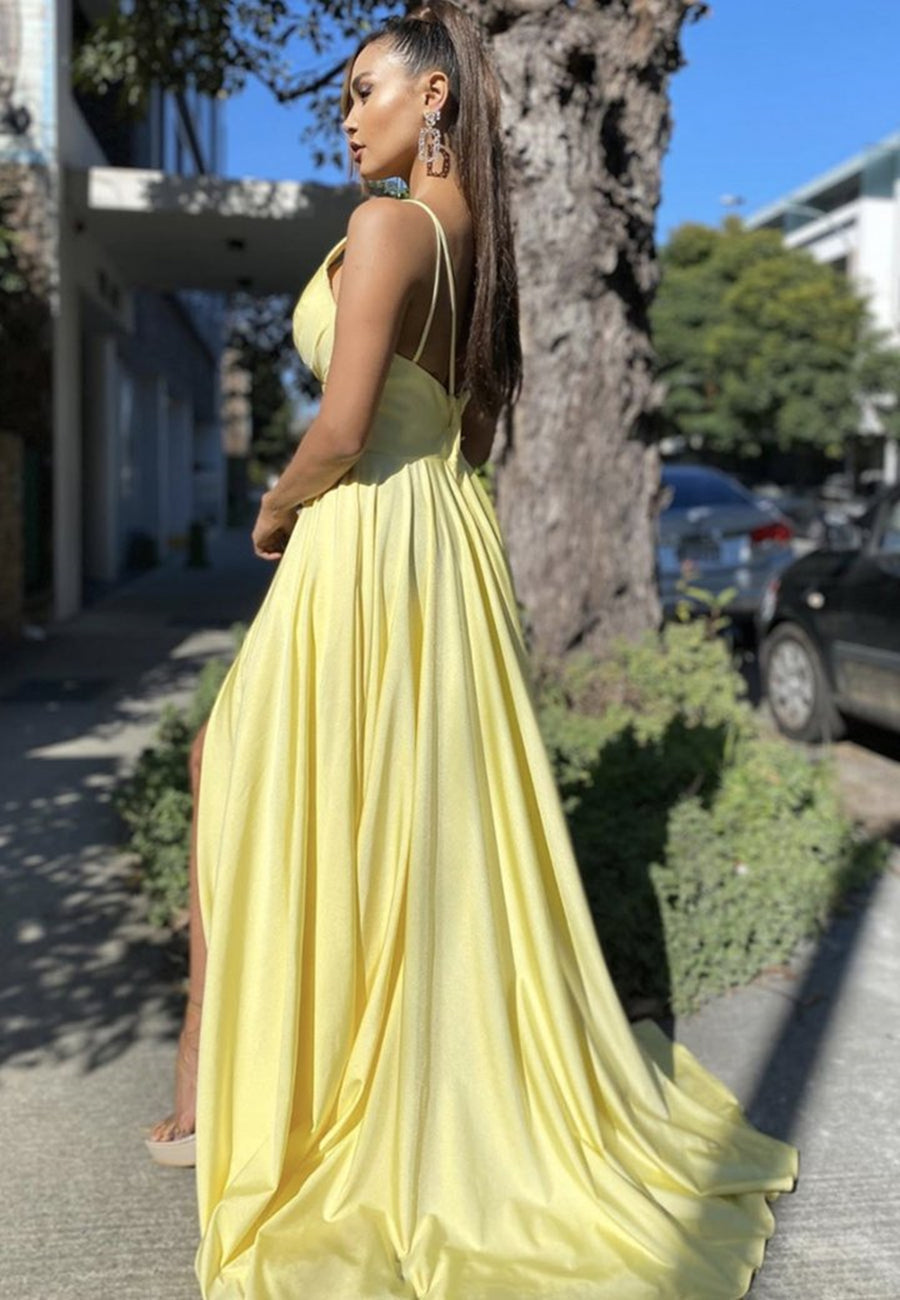 Vestidos de fiesta formales de satén, largos, sexis, de corte A, con escote en V, espalda descubierta y abertura.