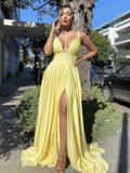 Vestidos de fiesta formales de satén, largos, sexis, de corte A, con escote en V, espalda descubierta y abertura.