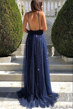Vestido de fiesta largo, sexy, de corte A, escote en V, espalda descubierta, tul y lentejuelas