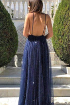 Vestido de fiesta largo, sexy, de corte A, escote en V, espalda descubierta, tul y lentejuelas