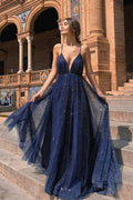 Vestido de fiesta largo, sexy, de corte A, escote en V, espalda descubierta, tul y lentejuelas