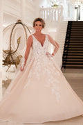 Vestido de novia largo, sexy, de corte A, escote en V, tirantes finos, apliques de encaje y espalda descubierta