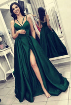 Vestido de fiesta largo, sexy, de corte A, escote en V, tirantes finos, espalda descubierta, abertura frontal y bolsillos.