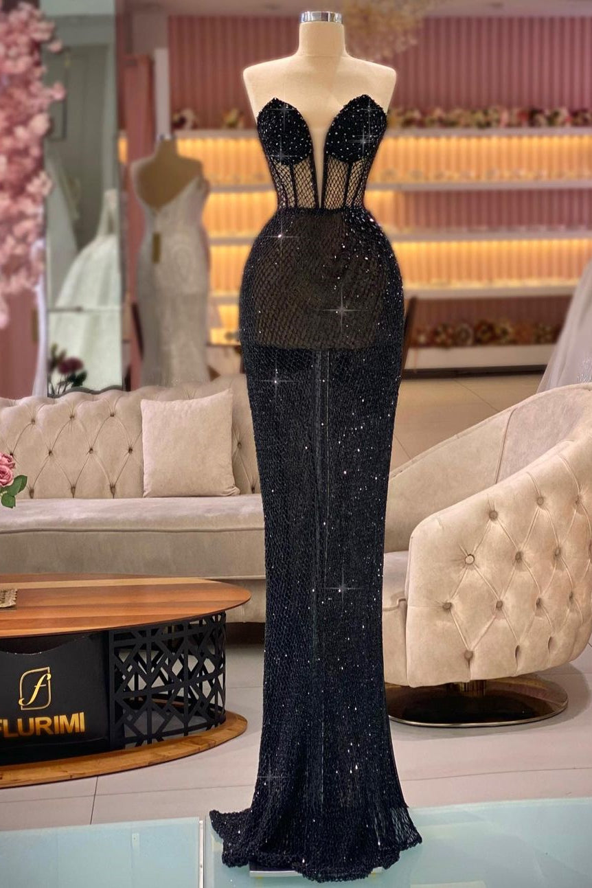 Robe de bal sirène noire longue et sexy sans manches à col en V