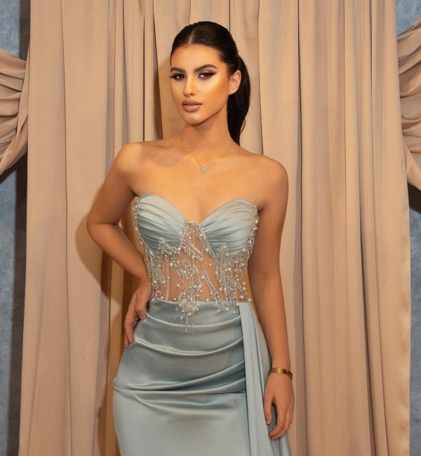 Robe de bal sirène longue et sexy à paillettes bleues avec volants