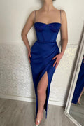 Robe de bal sirène sexy bleue à longues bretelles spaghetti et fente