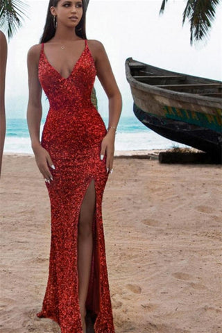 Vestido de noche largo, sexy, rojo brillante, sin mangas, estilo sirena, con abertura