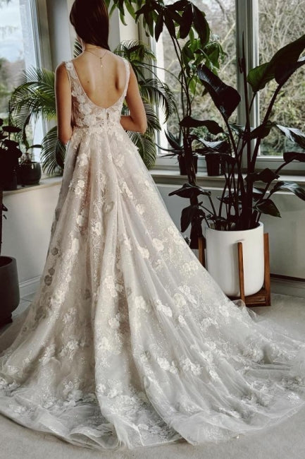 Vestido de novia largo, sexy, color marfil, con escote en V, corte en A, abertura frontal y sin mangas, con encaje.