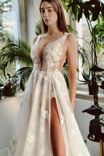 Vestido de novia largo, sexy, color marfil, con escote en V, corte en A, abertura frontal y sin mangas, con encaje.
