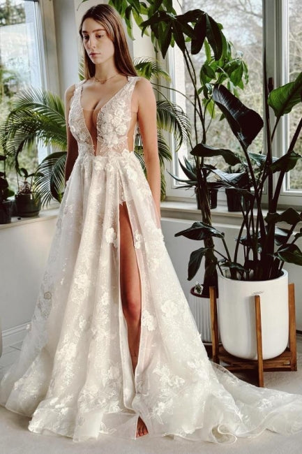 Vestido de novia largo, sexy, color marfil, con escote en V, corte en A, abertura frontal y sin mangas, con encaje.
