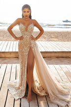 Sexy Long Mermaid Appliques Lace Split Wedding Dress With Side Train