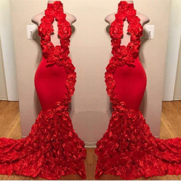 Sexy Long Mermaid Flowers High Neck Red Prom Dresses