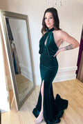 Robe de bal sirène longue et sexy en velours, dos nu et fente.