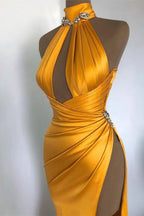 Vestido de fiesta largo de sirena, sexy, sin mangas, con cuello alto y abertura.