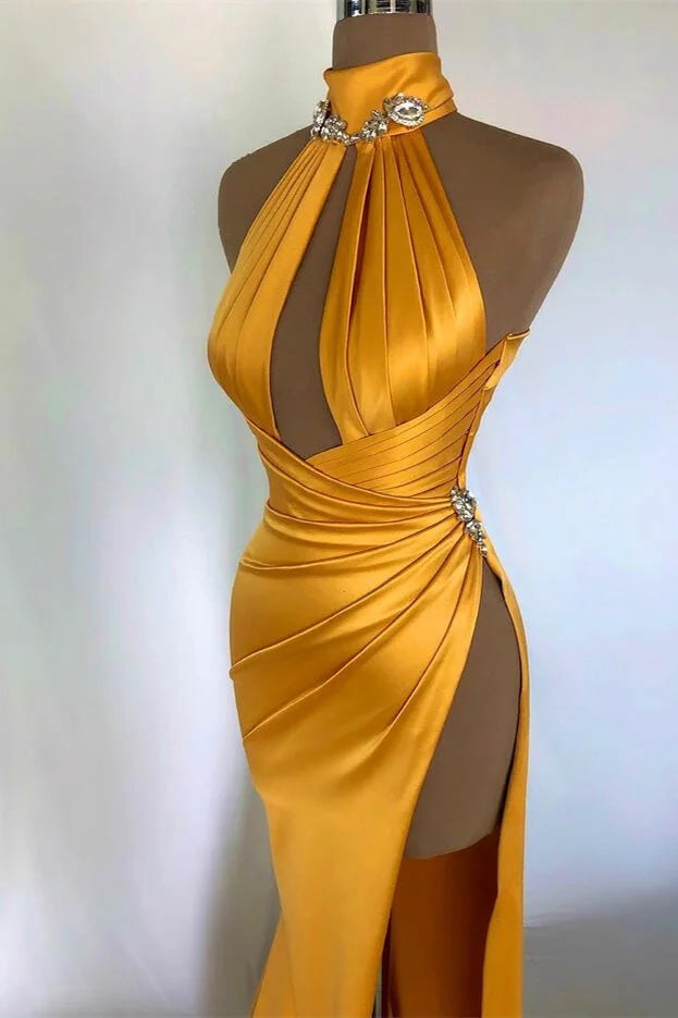 Vestido de fiesta largo de sirena, sexy, sin mangas, con cuello alto y abertura.