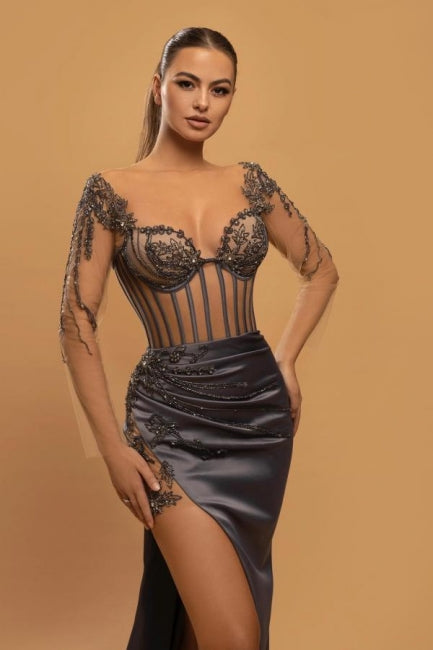 Robes de soirée longues sirène sexy en dentelle à manches longues