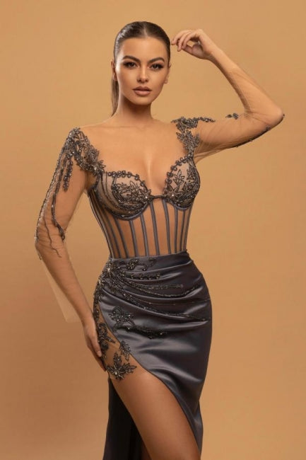 Robes de soirée longues sirène sexy en dentelle à manches longues