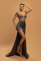 Robes de soirée longues sirène sexy en dentelle à manches longues