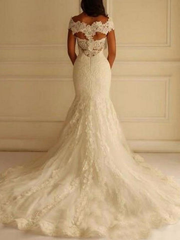 Vestidos de novia largos de sirena sexys con encaje y hombros descubiertos