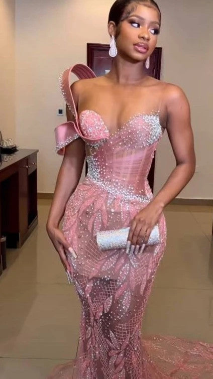 Robe de bal sirène longue et sexy à une épaule et sequins scintillants