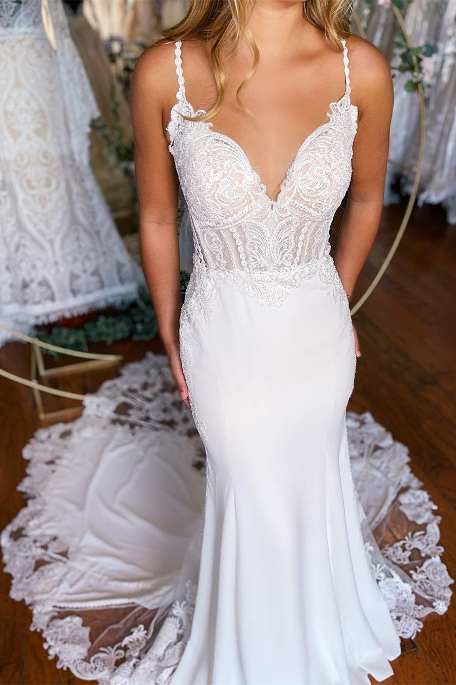 Vestido de novia largo de sirena, sexy, con tirantes finos, espalda descubierta de encaje y cola